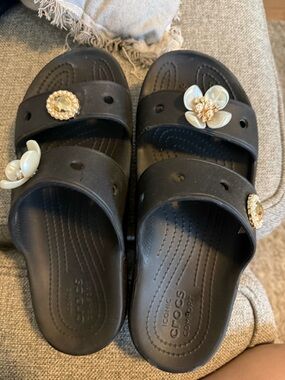 CROCS Black Slides with Pearl and Gold Floral Charms